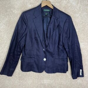 LAUREN RALPH LAUREN Linen Blazer Jacket Women's 12 Navy Blue Minimalist LRL